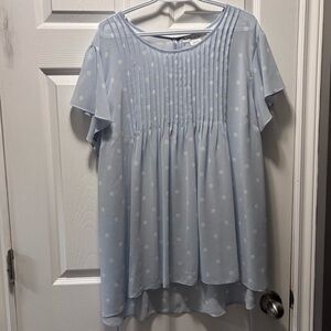 Pennington’s In Every Story Baby Blue Pleated Ruffle Polka Dot Top